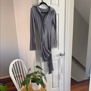 Gray Long-Sleeve Hooded Wrap Dress